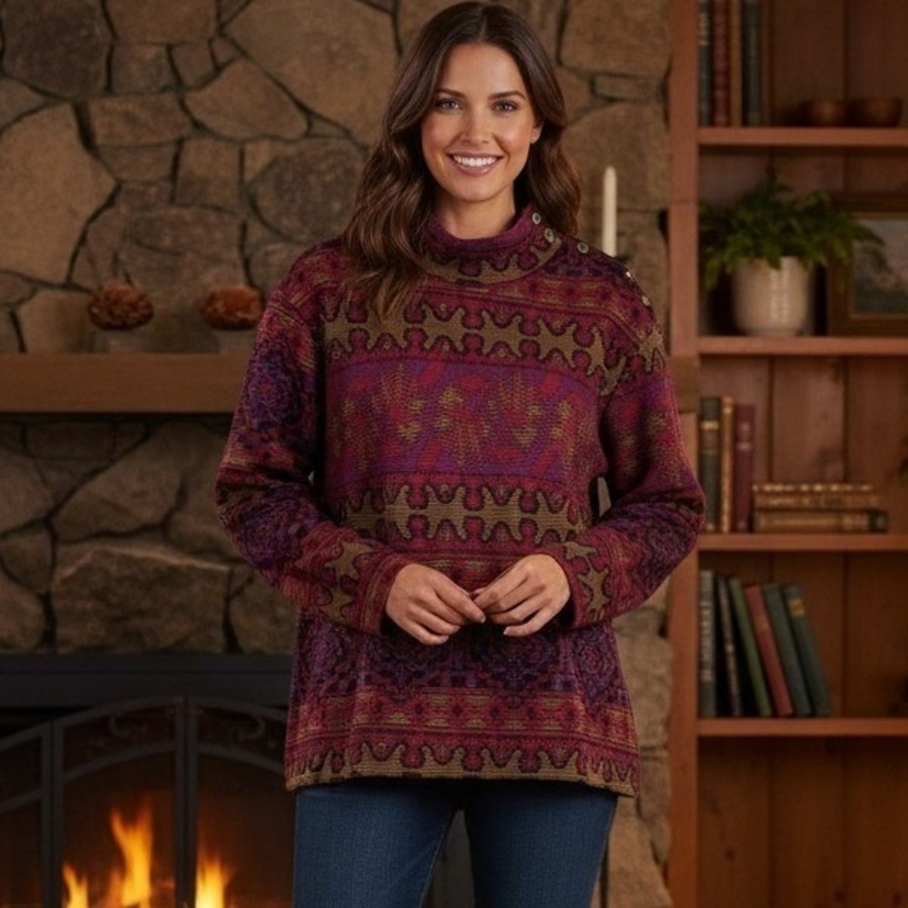YS Studio Sweater Women's 2X Multicolor Tribal Ethnic Pattern Mockneck Boho Chic